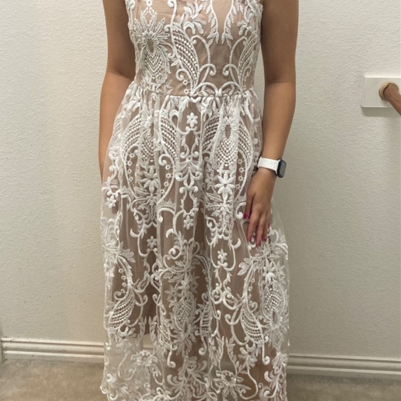 Womens Lace Spaghetti Strap Flared Midi Evening Dress - Picture 7 of 8